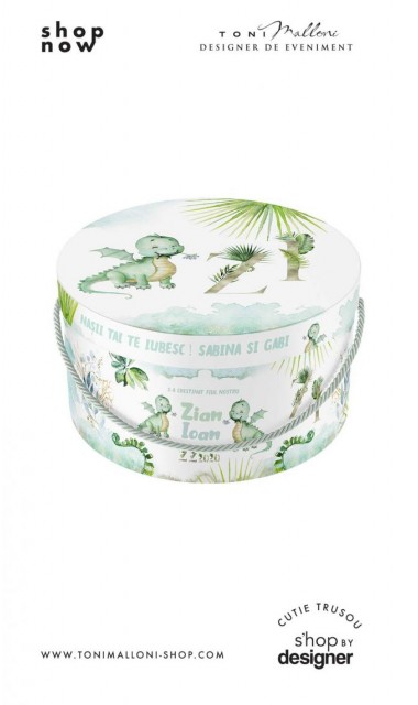 Cutie trusou cu dragonel personalizata in nuante de verde ideala pentru botez 1